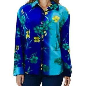 Vintage Lighthouse Point Blouse Blue Tropical Floral Button Up Top Made/US